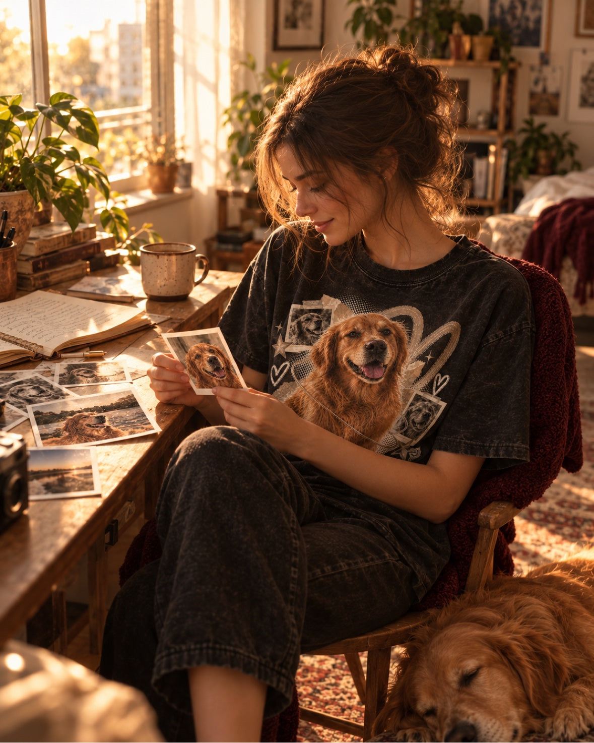 A woman at a sunlit table looking closely at a printed memory photograph