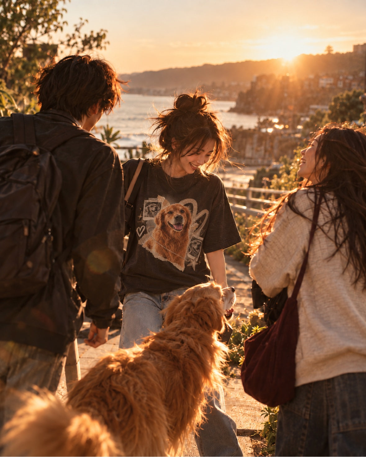 A woman sharing a warm evening moment with a golden retriever