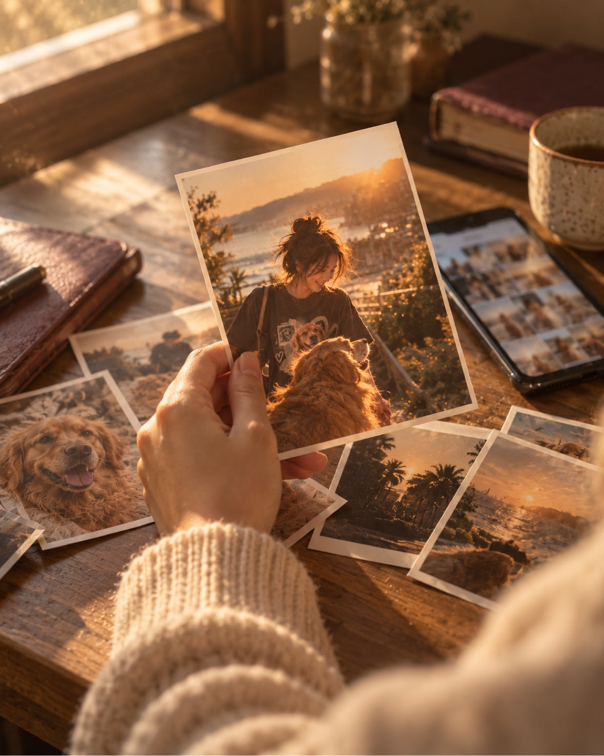 A woman quietly looking through printed photographs at a table