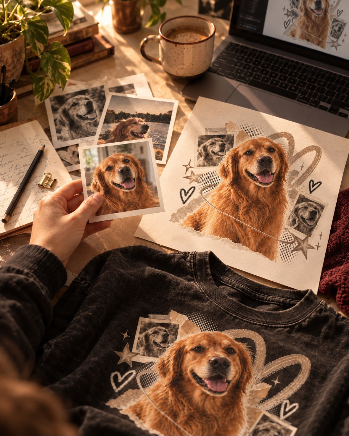 A hand holding a printed dog photo above a desk with artwork and the finished T-shirt print