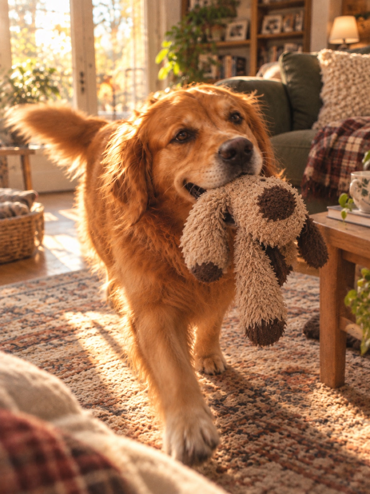 A golden retriever carrying the stuffed toy he never puts down