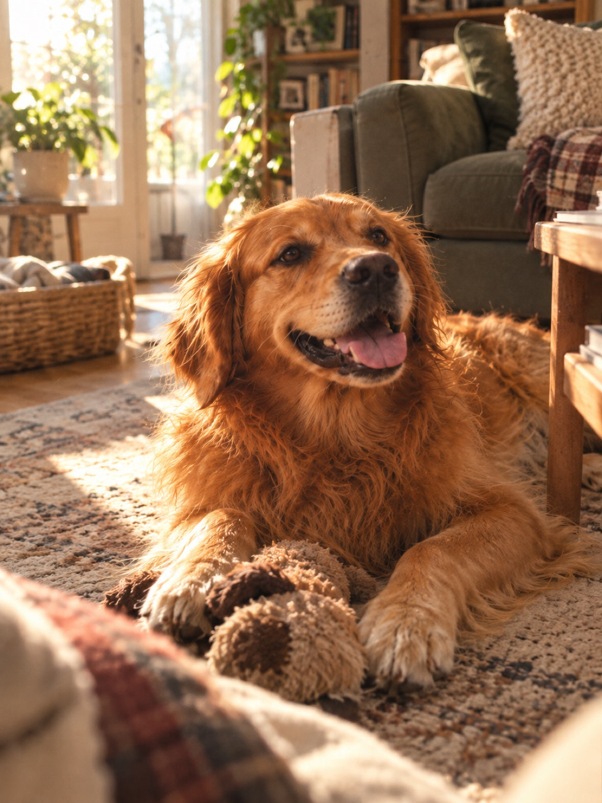 A golden retriever resting in the warm afternoon light by the window