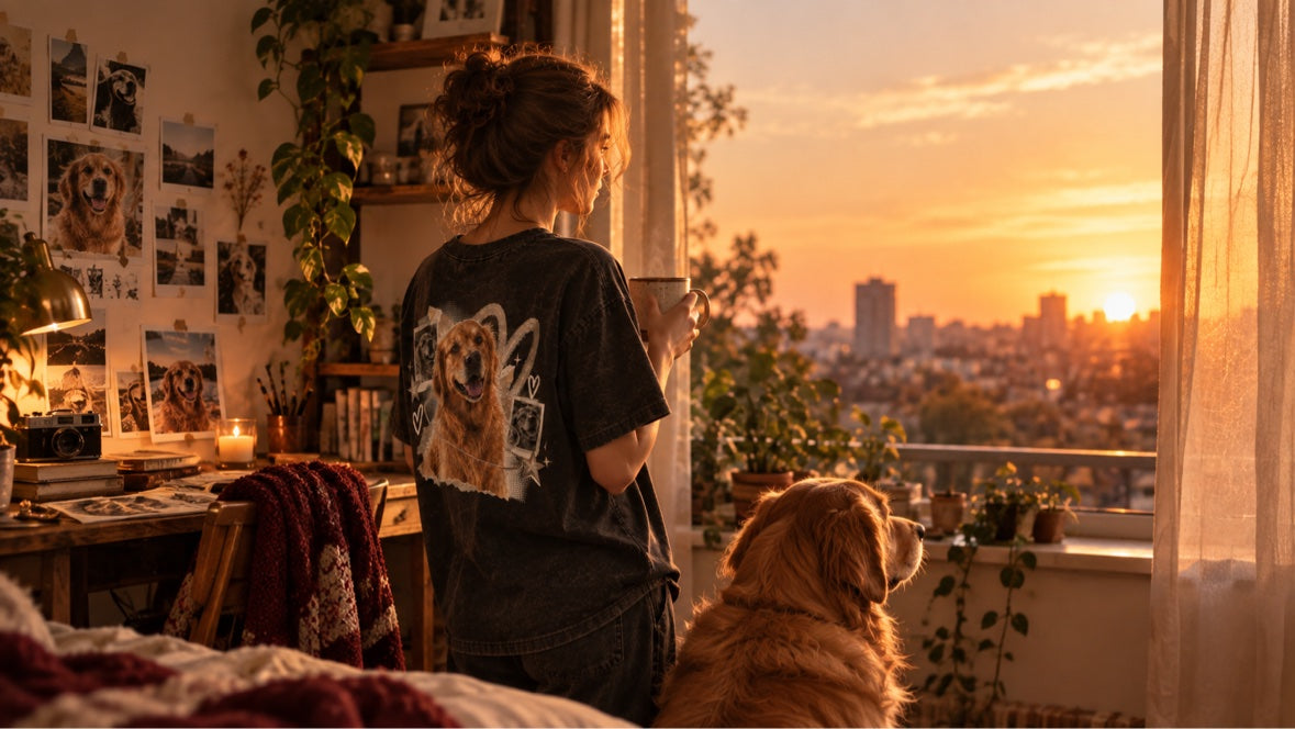 A woman in her printed dog T-shirt and a golden retriever looking out at the sunset beside a wall of photographs