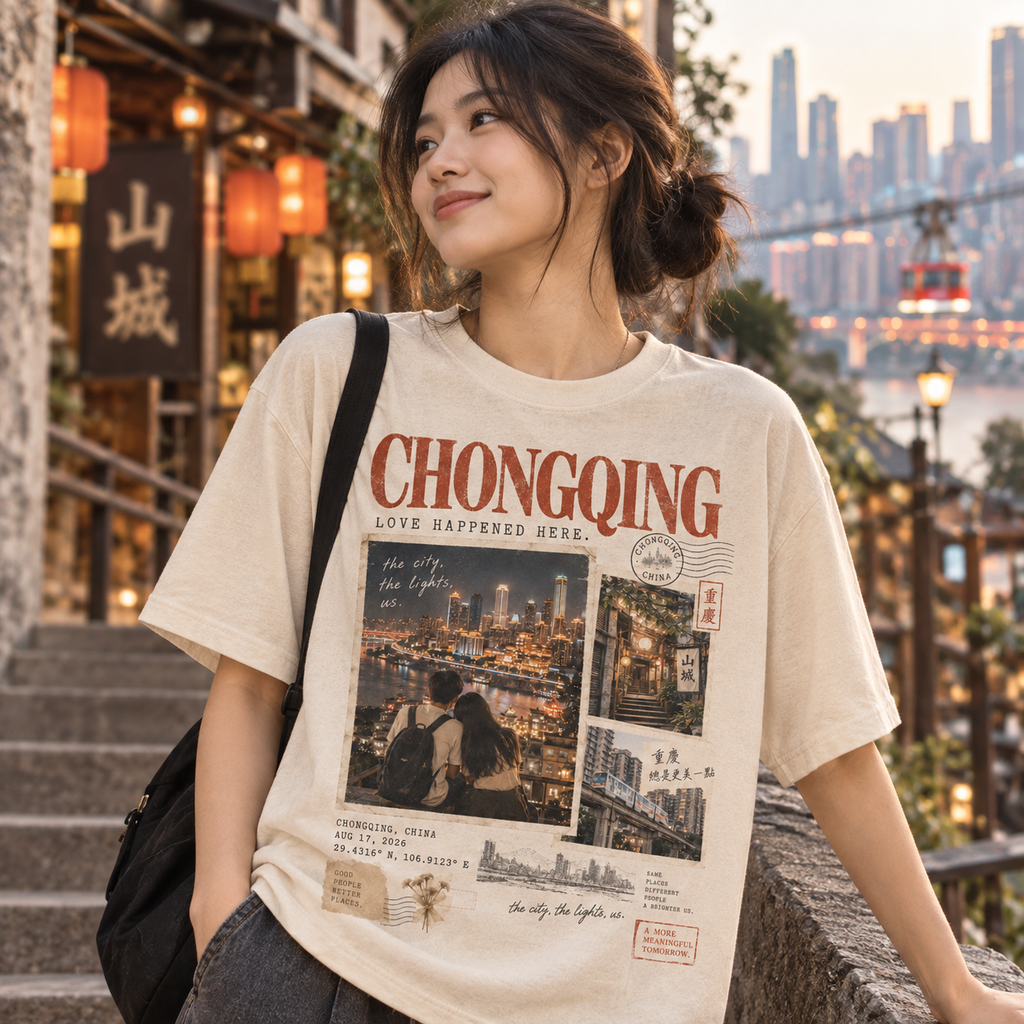 Lifestyle model wearing the CHONGQING PLACE MOMENT custom postcard tee