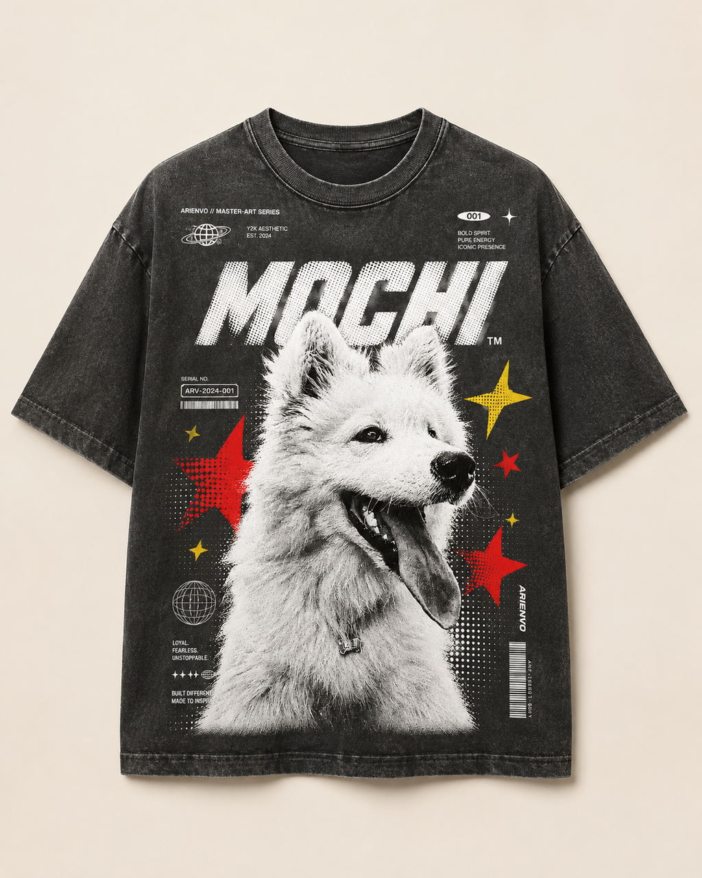 Y2K Editorial Pet Tee — Washed Black design mockup featuring MOCHI