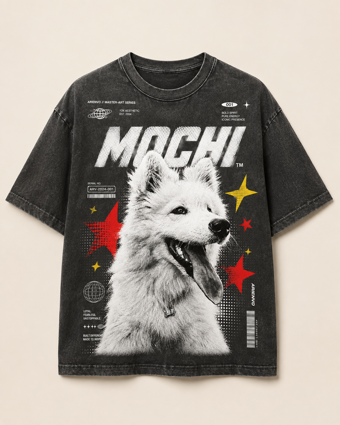 Y2K Editorial Pet Tee — Washed Black design mockup featuring MOCHI