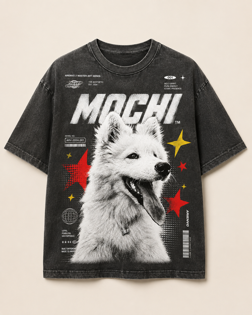 Y2K Editorial Pet Tee — Washed Black design mockup featuring MOCHI