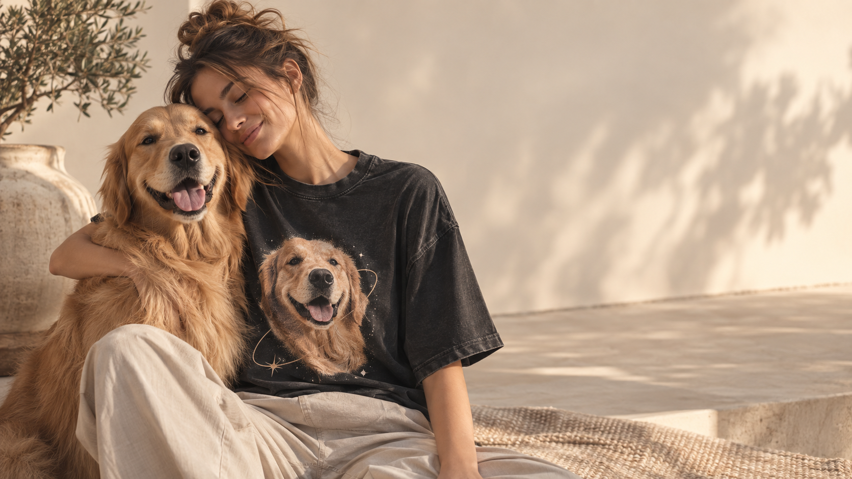 ARIENVO personalized pet tee worn with the matching golden retriever